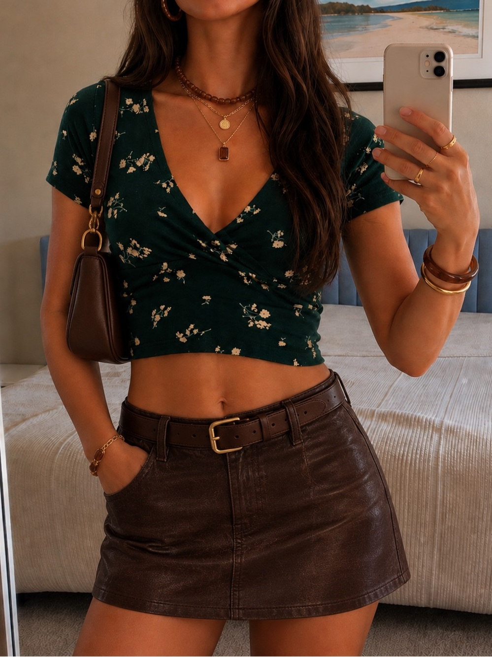 Brandy Melville Green Floral Amara Crop Top